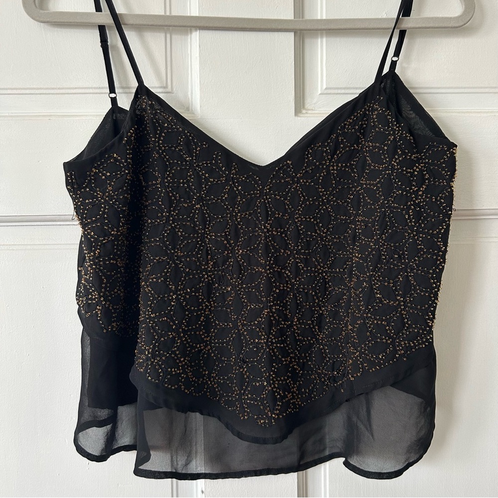 Bebe Black and gold flower sequin rhinestone cami top